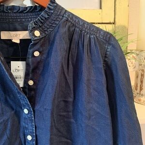 LOFT Dark Wash Chambray Long Sleeve Button Down Top with Pleats NEW XXSP